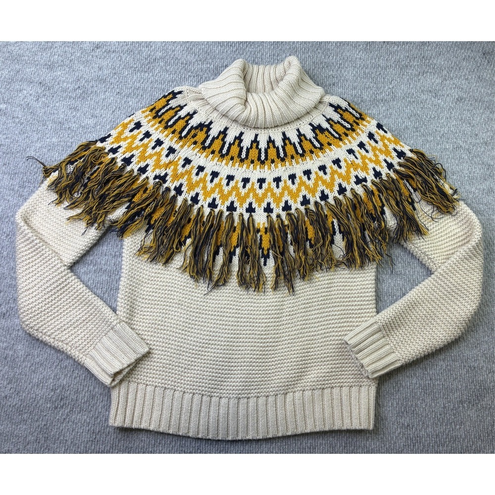 Angel Kiss Womens L Fair Isle Fringe Turtleneck Sweater Cream Mustard Navy 8661